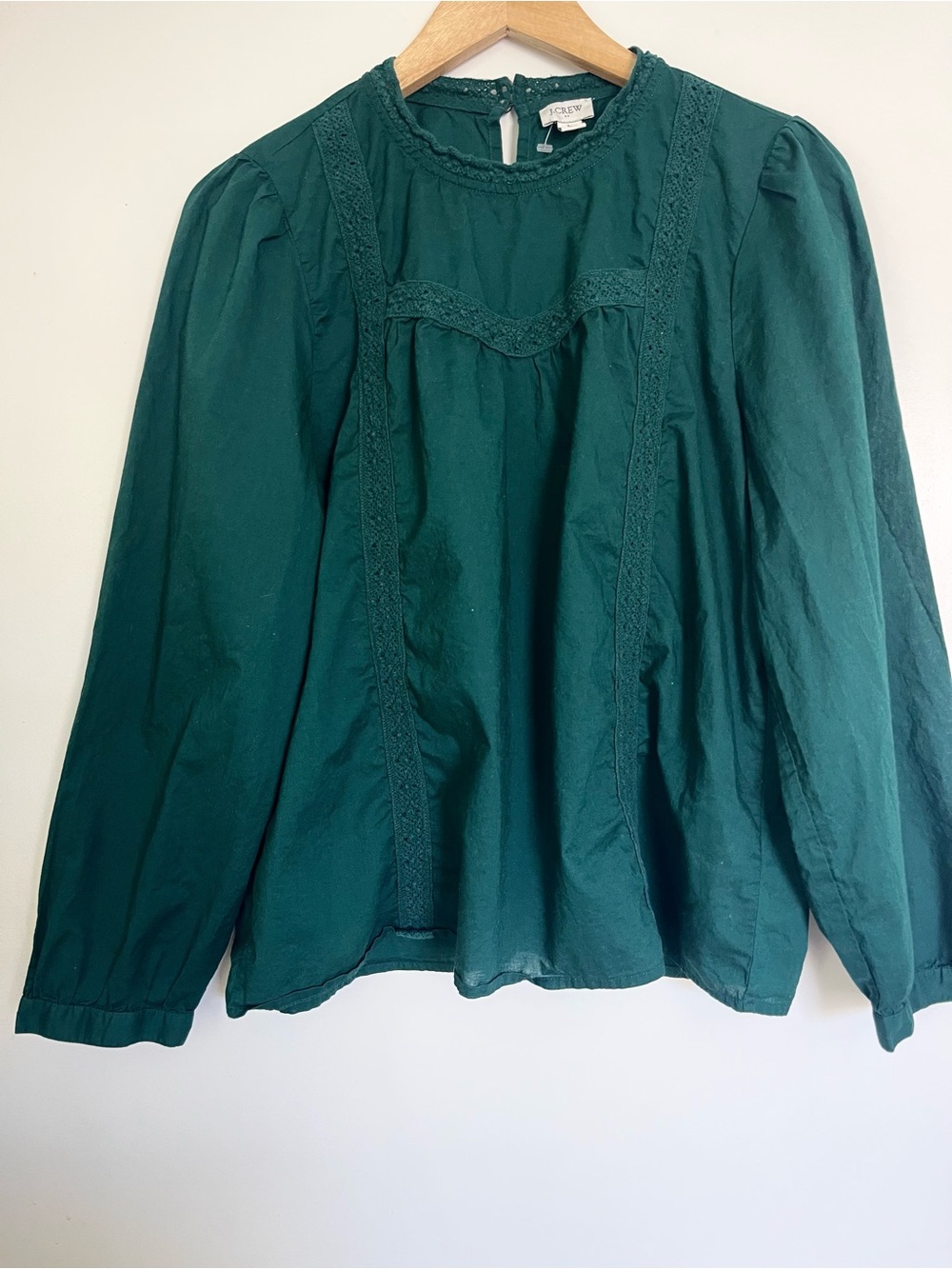 JCrew Green Lace-Trim Peasant Blouse
